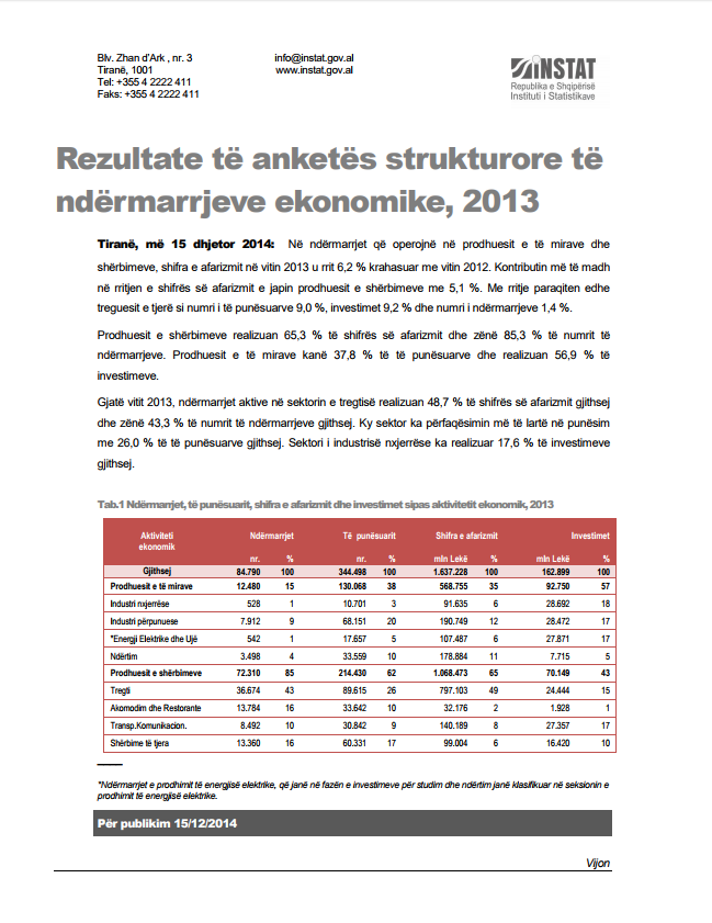 Rezultatet Paraprake të Anketës Strukturore të ndërmarrjeve Ekonomike, 2013